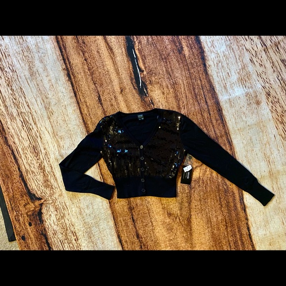 NWT Nicole Miller Black Sequin Button Front Summer Sweater - Picture 7 of 11